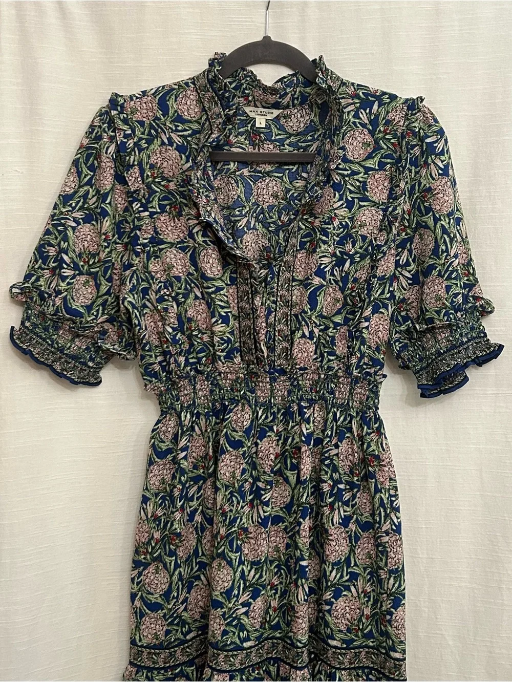 Max‎ Studio Navy Floral Smocked Split Neck Maxi Dress